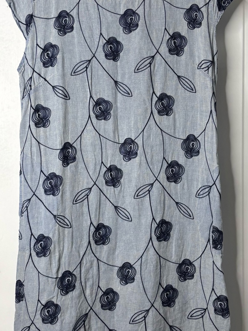 Light Blue Midi Dress with Navy Floral Embroidery